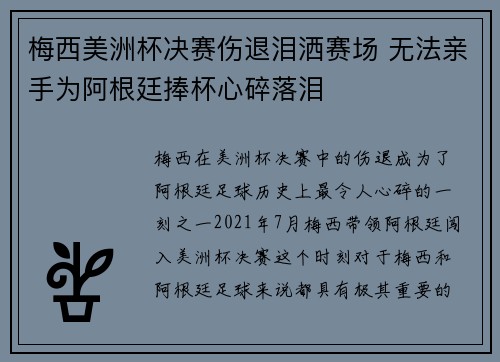 梅西美洲杯决赛伤退泪洒赛场 无法亲手为阿根廷捧杯心碎落泪 梅西美洲杯决赛伤退泪洒赛场 无法亲手为阿根廷捧杯心碎落泪